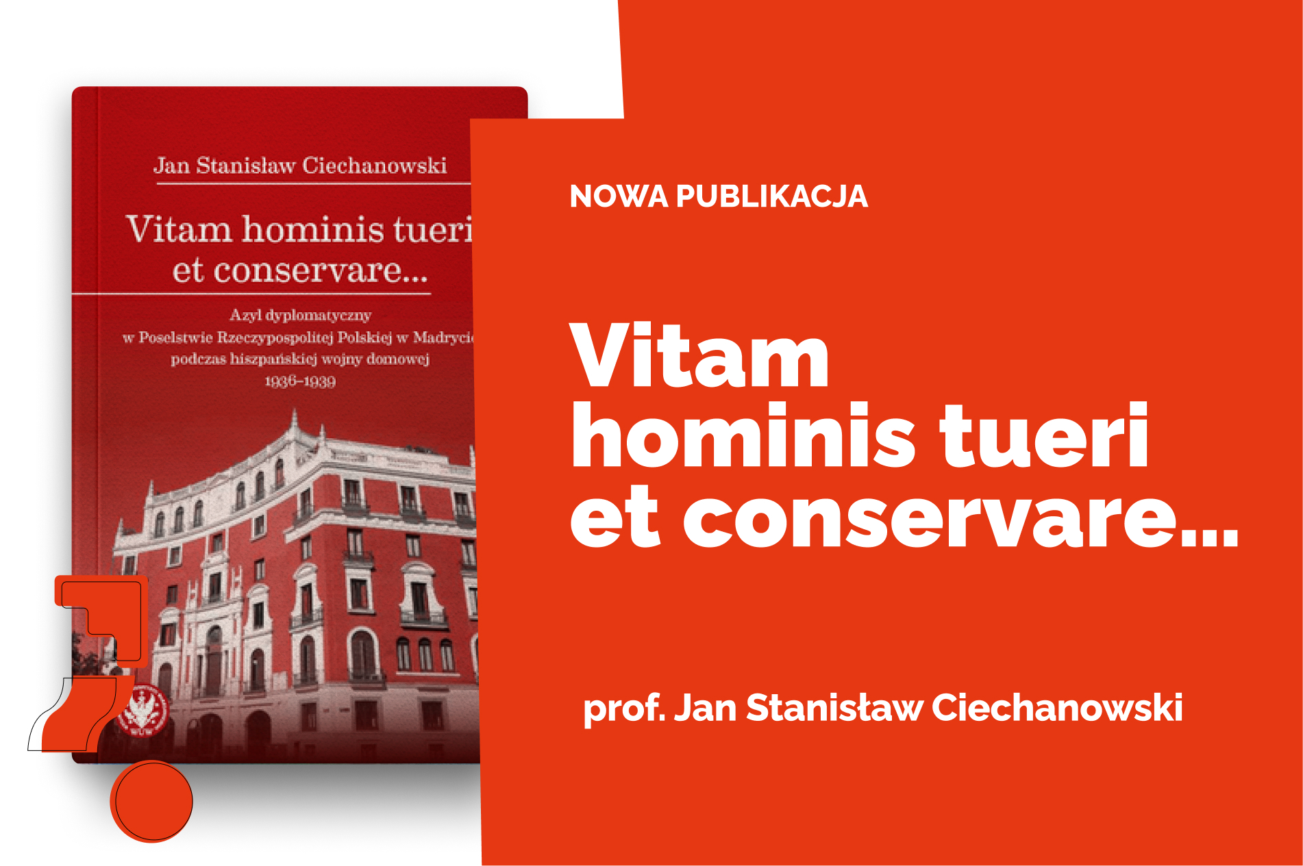 Grafika promocyjna książki „Vitam hominis tueri et conservare…” – czerwone tło, po lewej okładka z budynkiem, po prawej duży tytuł.